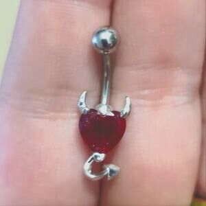 Red heart with devil horns and tail silver tone belly button navel piercing